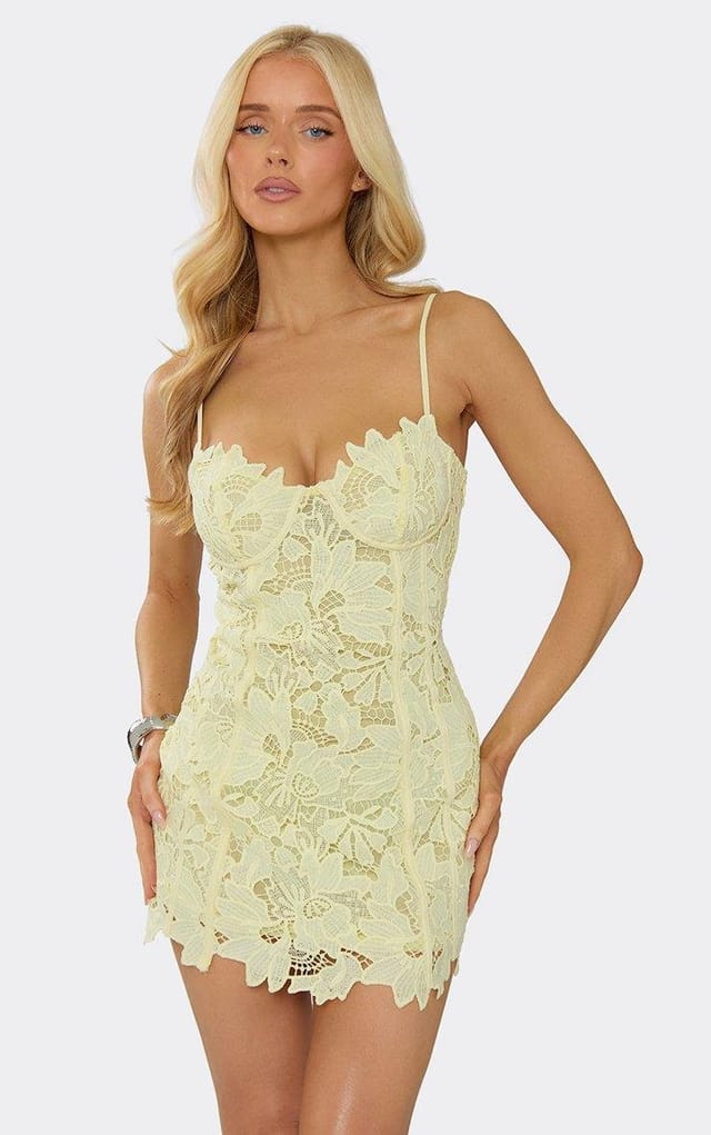 EGO Strappy Underwired Mini Bodycon Dress In Lemon Lace, Women's Size UK 8 - 2
