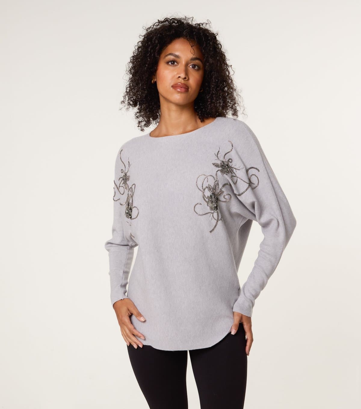 Blue Vanilla Women's Mid Grey Beaded Embroidery Rib Jumper Blue Vanilla New Look