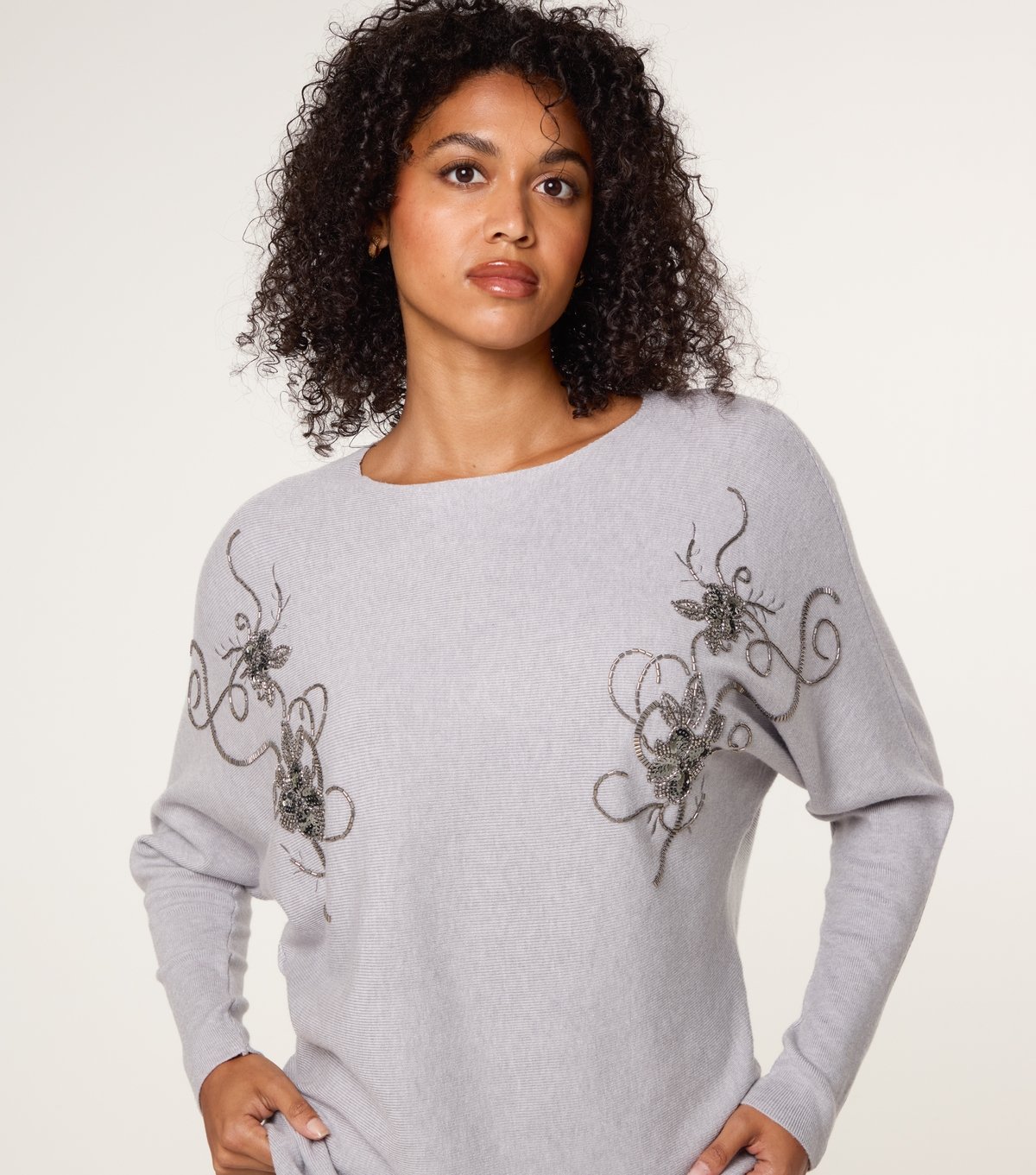 Blue Vanilla Women's Mid Grey Beaded Embroidery Rib Jumper Blue Vanilla New Look - 3