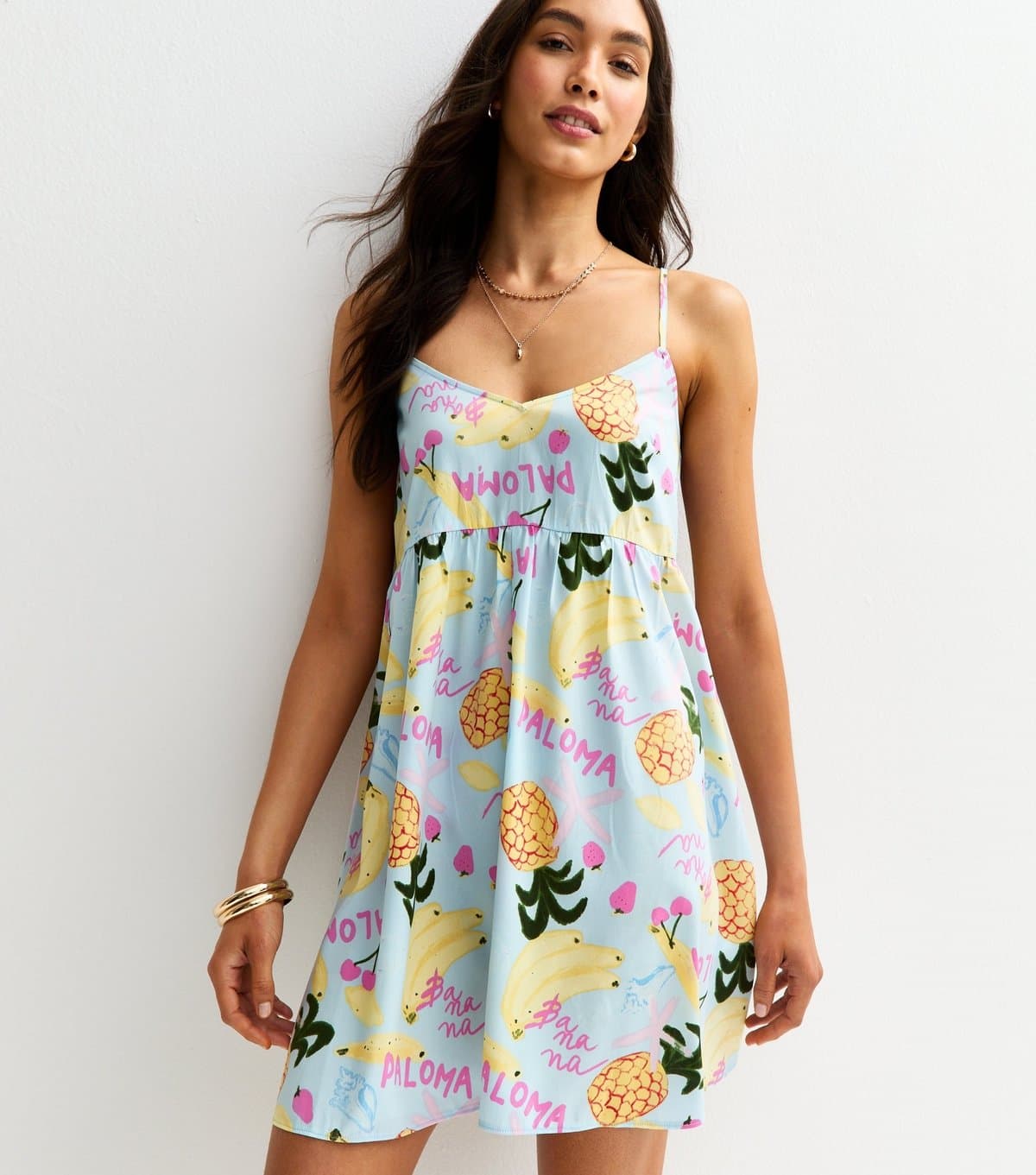 New Look Women's Blue Fruit Print Strappy V Neck Mini Dress New Look