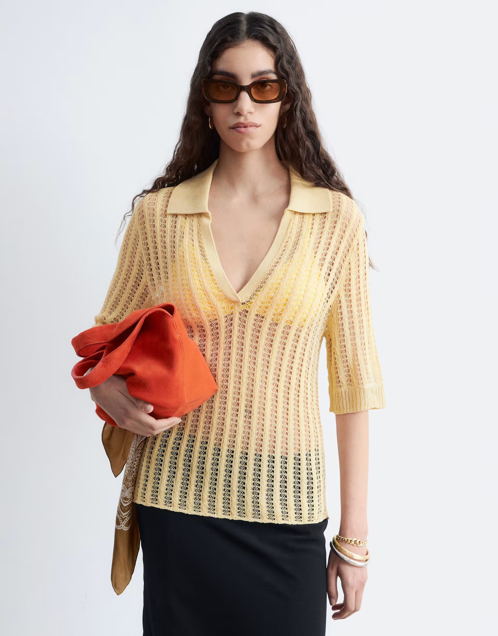 ASOS Butter Yellow Open Knit Crochet Polo