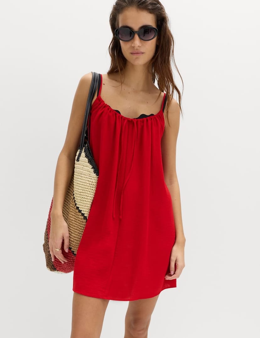 Marks & Spencer M&S Tie Front Strappy Mini Slip Dress Lacquer Red - 1