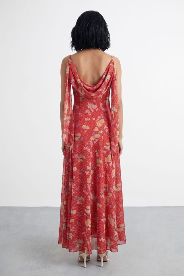Warehouse Warehouse Women's Floral & Spot Print Cowl Back Maxi Slip Dress in Red - 3