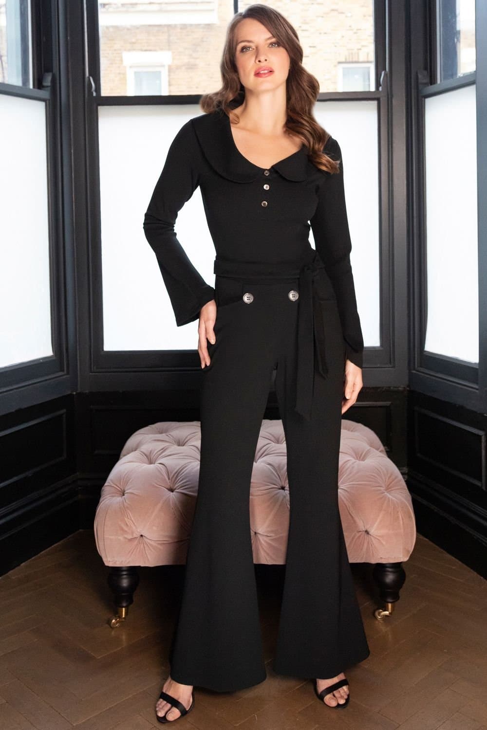 Hot Squash Hot Squash Women's Bell-Bottom Jumpsuit with Collar Detail in Black