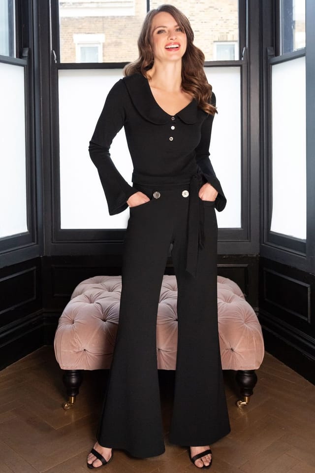 Hot Squash Hot Squash Women's Bell-Bottom Jumpsuit with Collar Detail in Black - 2