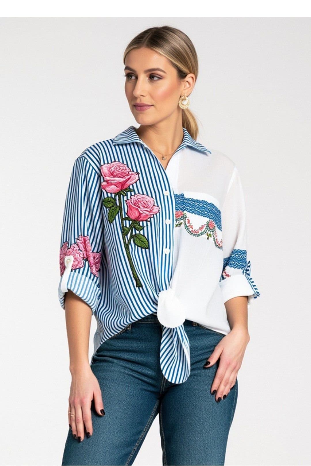 Love Lace Love Lace Women's Asymmetrical Striped Floral Ethnic Shirt in Blue