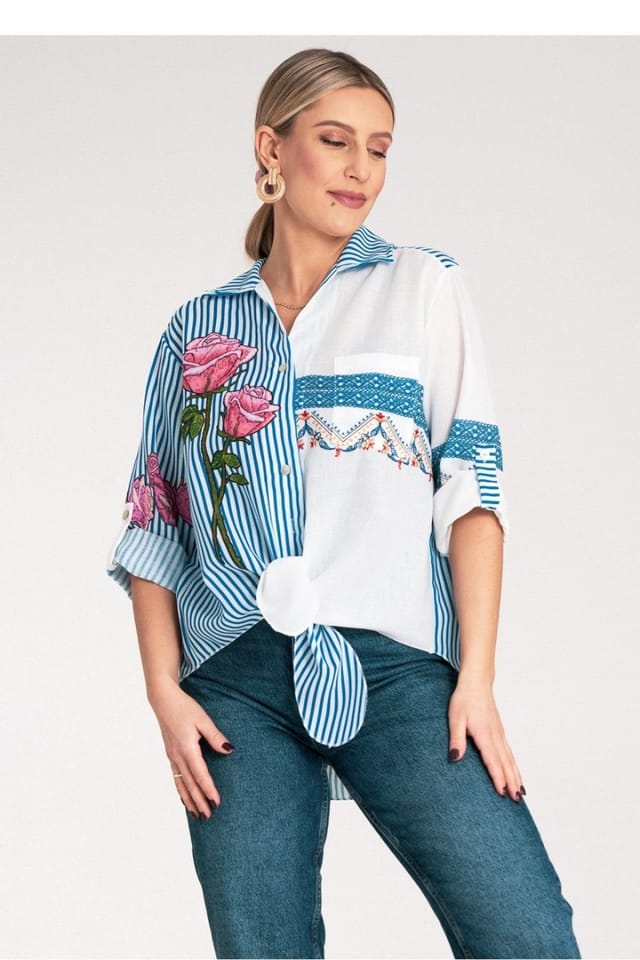 Love Lace Love Lace Women's Asymmetrical Striped Floral Ethnic Shirt in Blue - 2