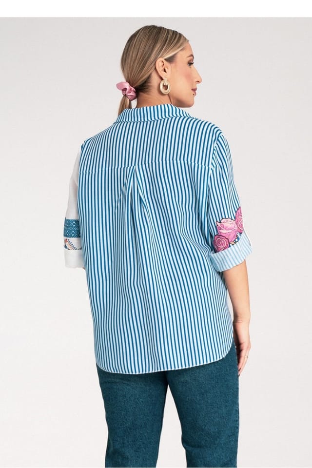 Love Lace Love Lace Women's Asymmetrical Striped Floral Ethnic Shirt in Blue - 3
