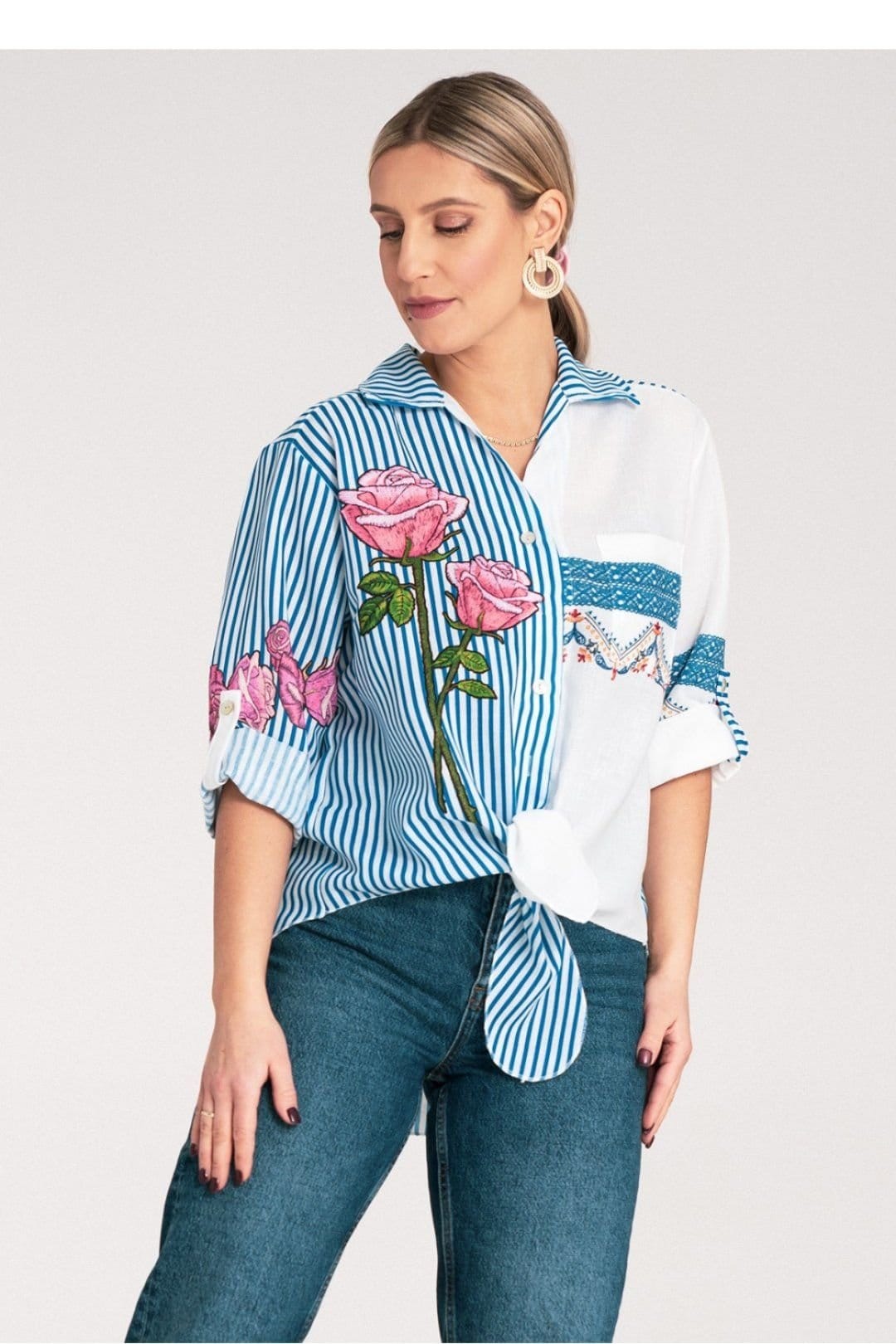 Love Lace Love Lace Women's Asymmetrical Striped Floral Ethnic Shirt in Blue - 4