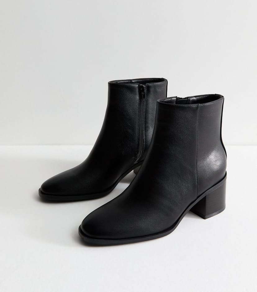 New Look Women's Black Faux Leather Almond Toe Block Heel Ankle Boots Vegan New Look - 1