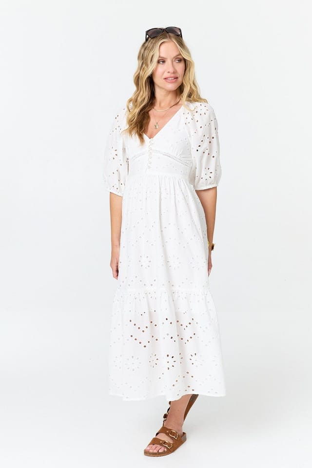Izabel London Izabel London Women's Broderie Anglaise 1/2 Sleeve Midi Dress in White - 2