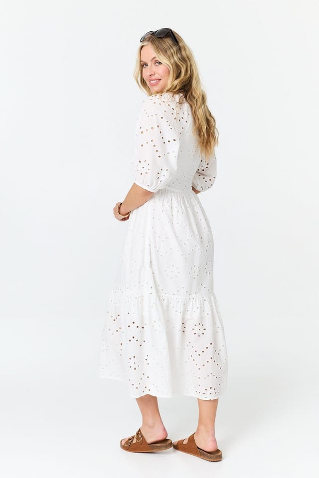 Izabel London Izabel London Women's Broderie Anglaise 1/2 Sleeve Midi Dress in White - 3