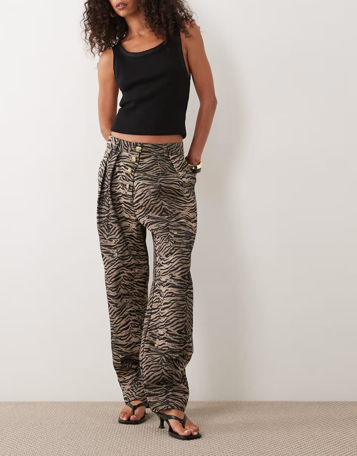 ASOS Ghospell Razan cotton high rise barrel jean co-ord in brown tiger - 1