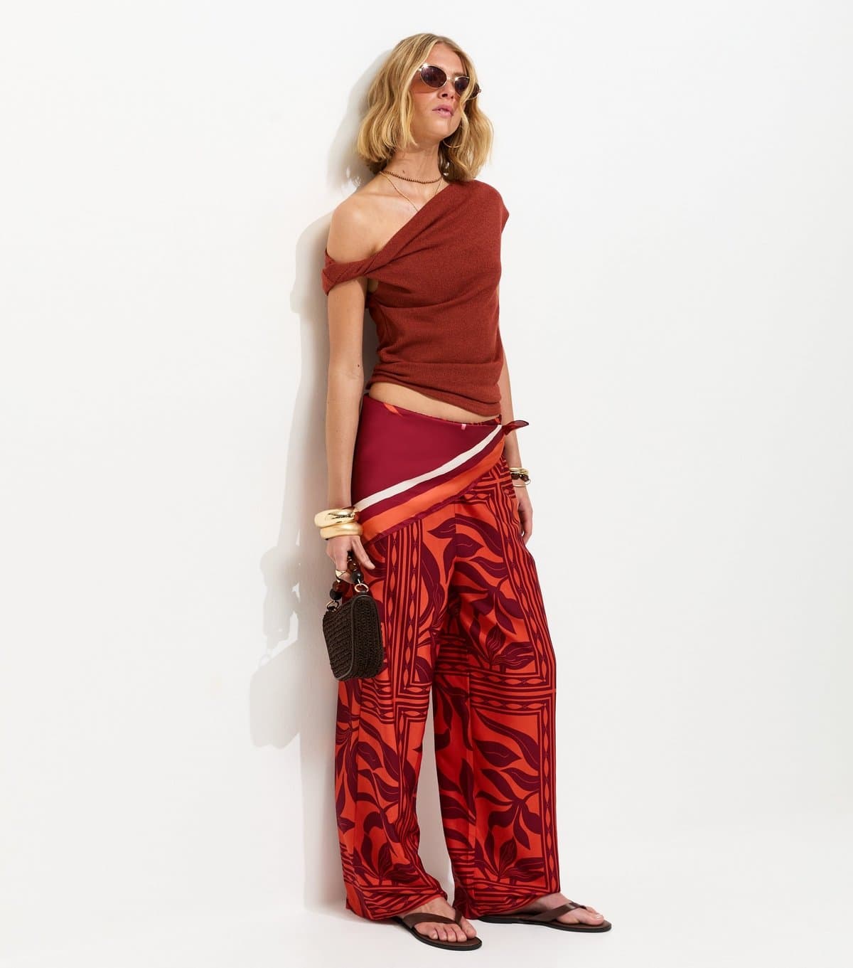 New Look Women's Red Palm Print Drawstring Wide Leg Trousers New Look