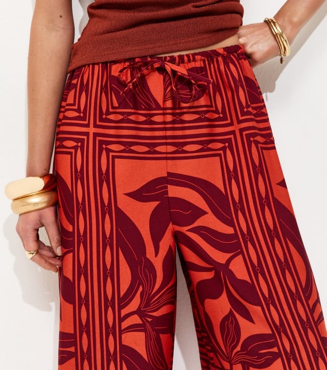New Look Women's Red Palm Print Drawstring Wide Leg Trousers New Look - 2