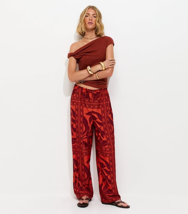 New Look Women's Red Palm Print Drawstring Wide Leg Trousers New Look - 3