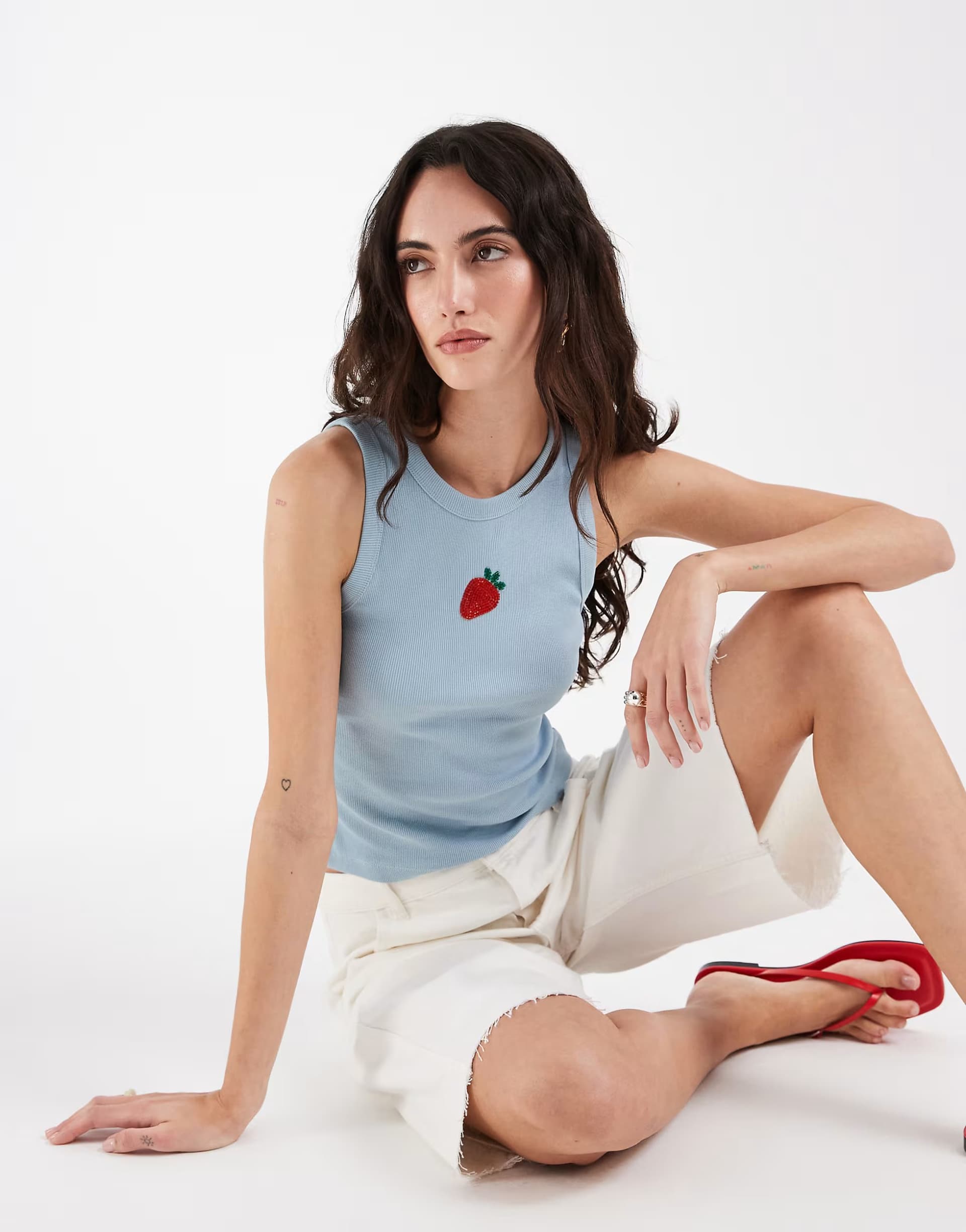 ASOS ASOS DESIGN scoop neck vest with embellished strawberry graphic in baby blue