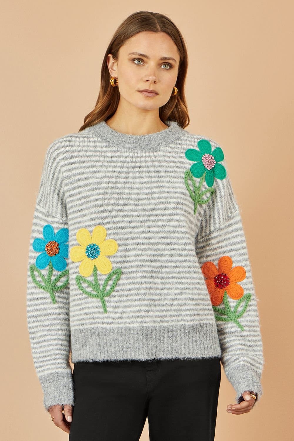 Yumi Yumi Women's Grey Striped Relaxed Fit Jumper With Flowers