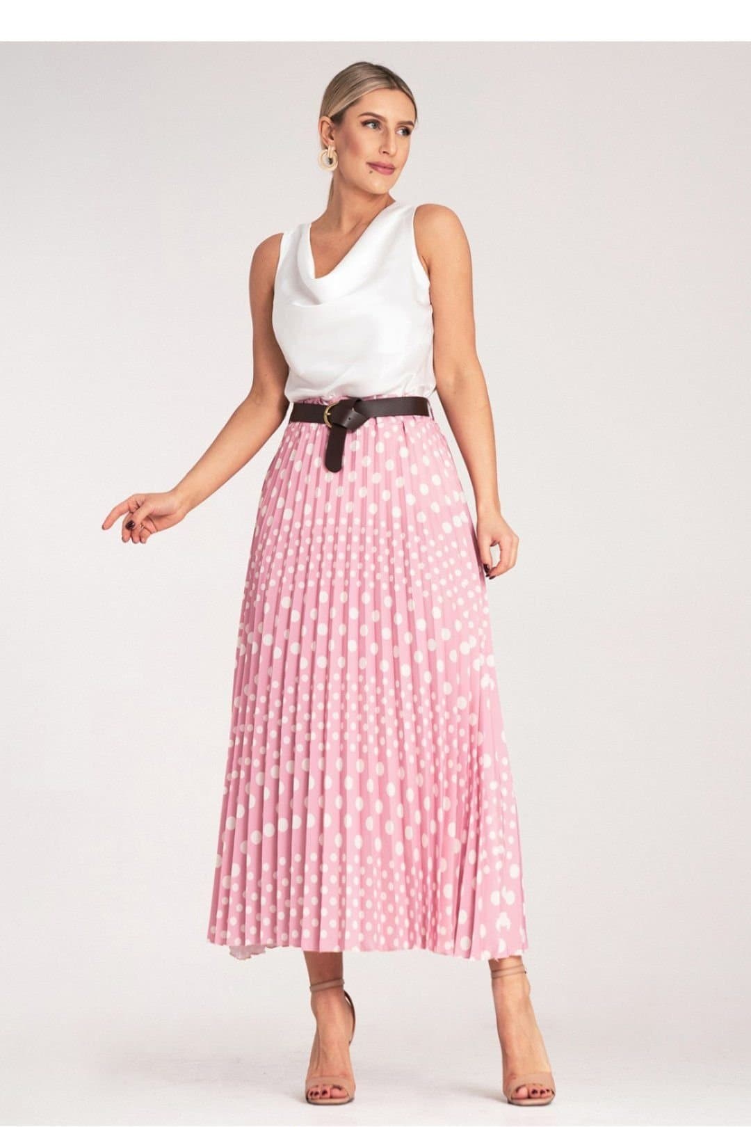 Love Lace Love Lace Women's High Waist Belted Polka Dot Pleated Midi Skirt in Pink