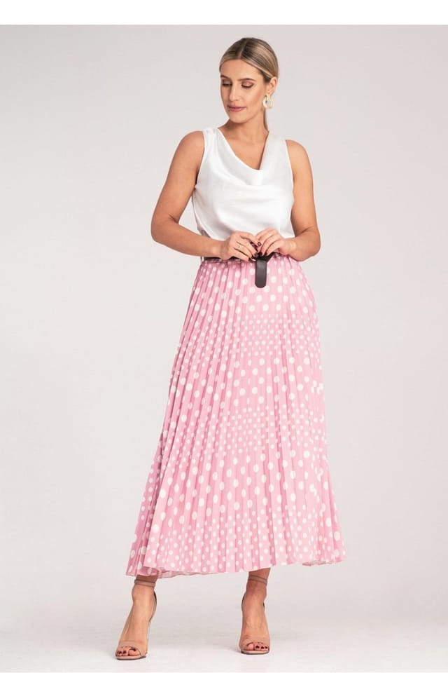 Love Lace Love Lace Women's High Waist Belted Polka Dot Pleated Midi Skirt in Pink - 2