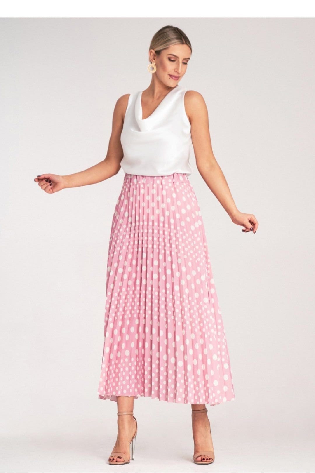 Love Lace Love Lace Women's High Waist Belted Polka Dot Pleated Midi Skirt in Pink - 4