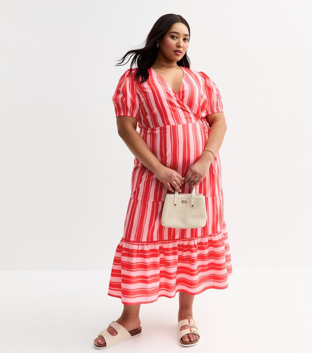 New Look Women's Plus Size Pink Stripe Print Tiered Midi Dress Curves New Look
