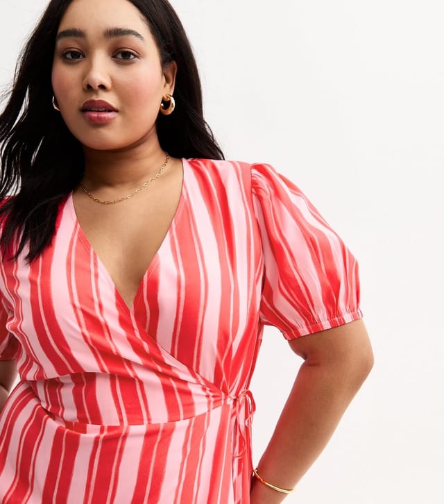 New Look Women's Plus Size Pink Stripe Print Tiered Midi Dress Curves New Look - 2