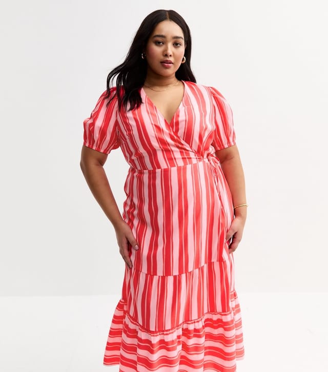 New Look Women's Plus Size Pink Stripe Print Tiered Midi Dress Curves New Look - 3