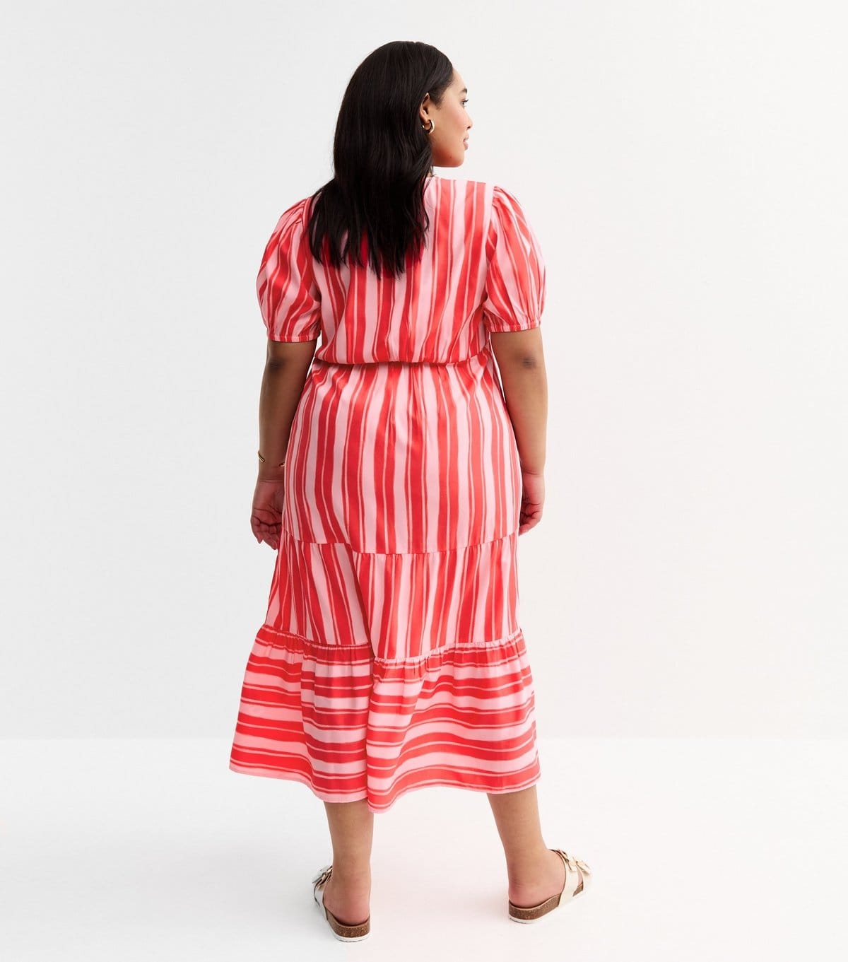 New Look Women's Plus Size Pink Stripe Print Tiered Midi Dress Curves New Look - 4