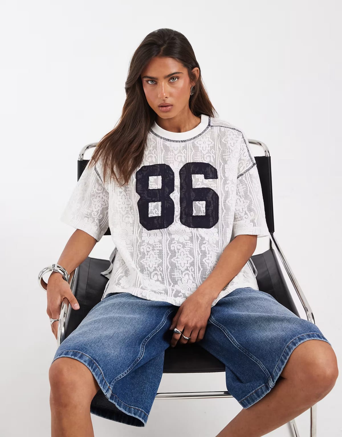 ASOS ASOS DESIGN oversized crochet lace t-shirt with sporty number graphic in cream - 1