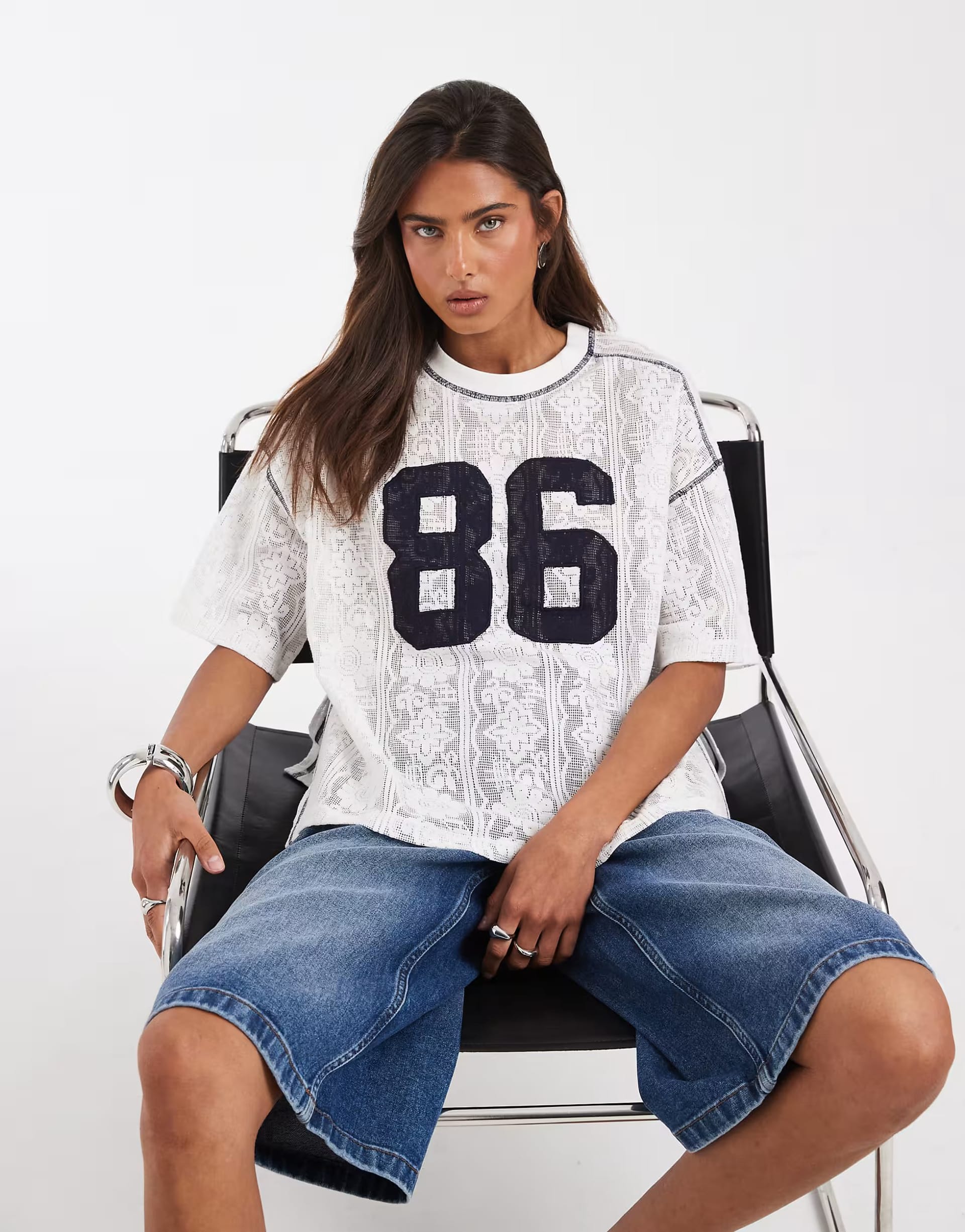 ASOS Cream Crochet Lace Oversized T-Shirt with Sporty Number