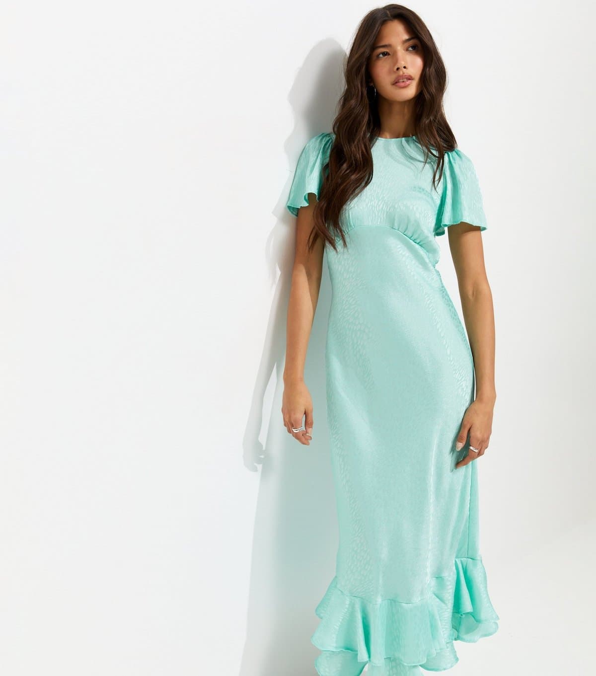 New Look Women's Light Blue Satin Ruffled Hem Midi Dress New Look