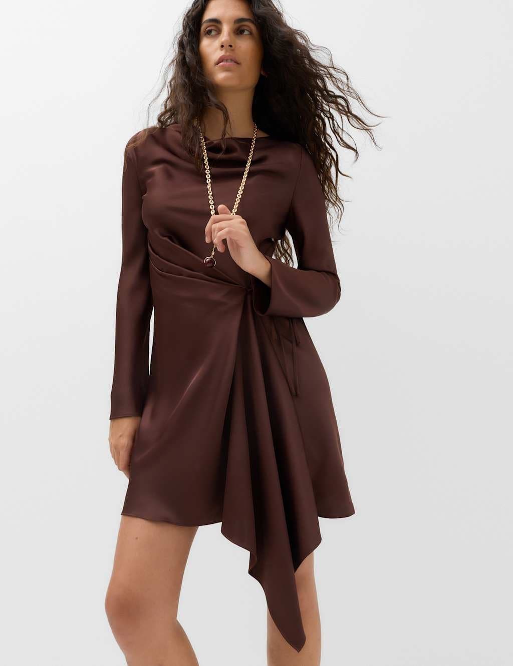Marks & Spencer M&S Satin Cowl Neck Mini Tie Detail Waisted Dress Dark Chocolate