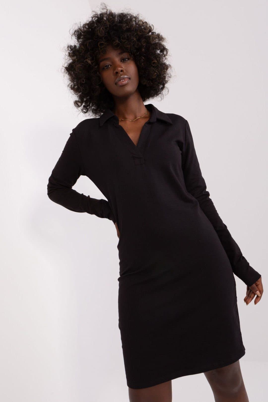 Love Lace Love Lace Women's Everyday V Neck Long Sleeve Fitted Dress in Black