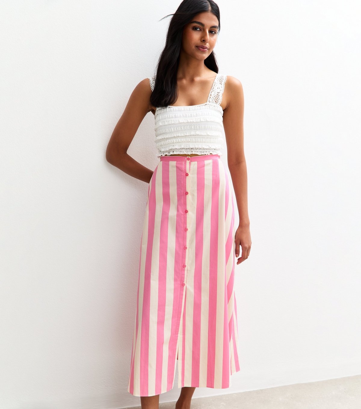 New Look Women's Pink Stripe Print Poplin Button Front Midi Skirt New Look - 2