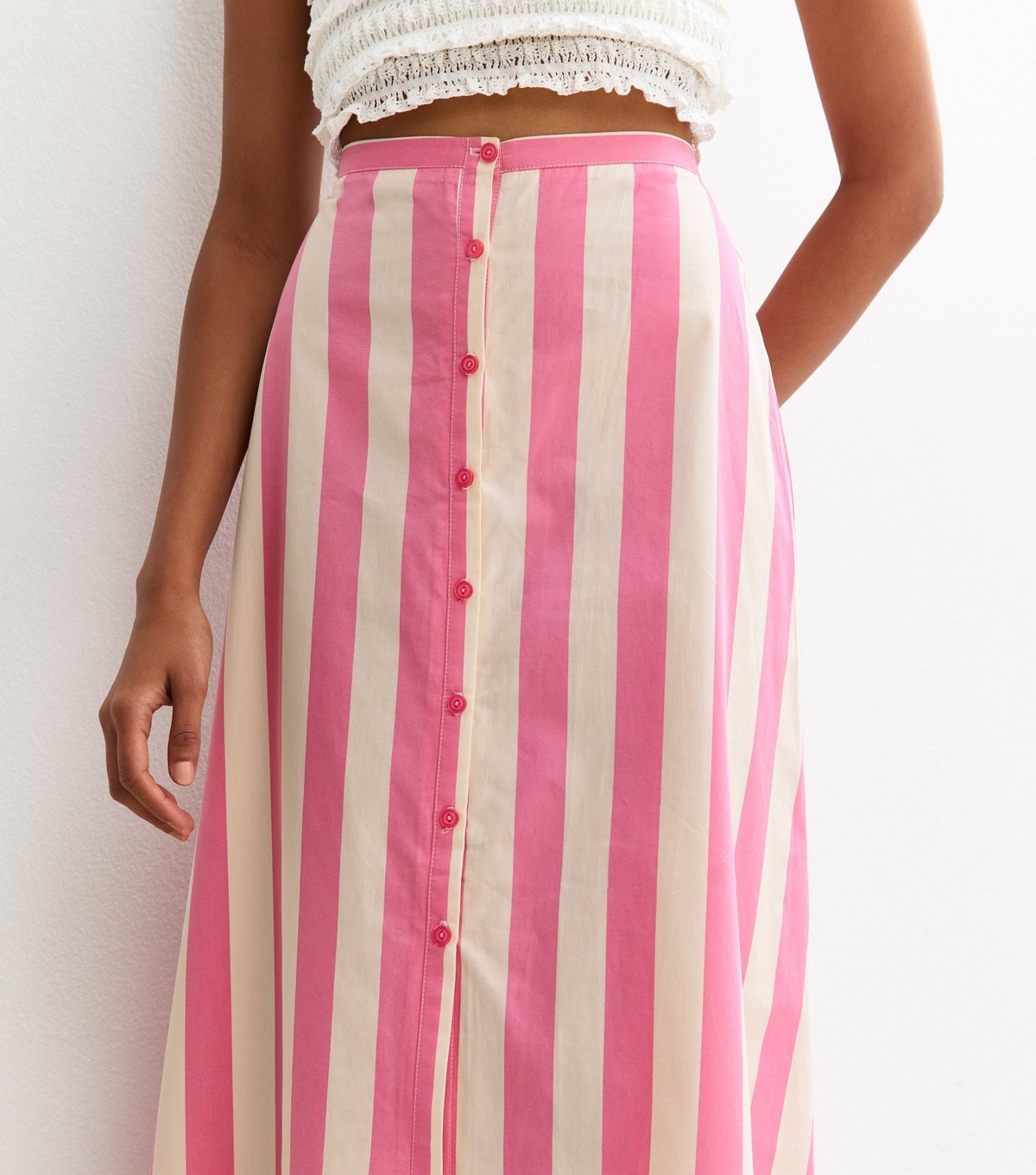 New Look Women's Pink Stripe Print Poplin Button Front Midi Skirt New Look - 3