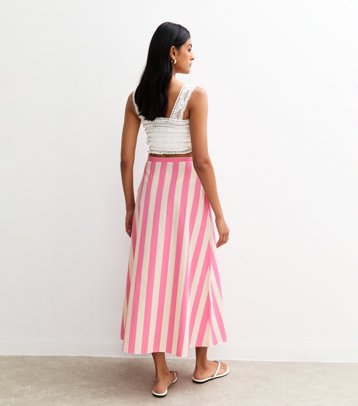 New Look Women's Pink Stripe Print Poplin Button Front Midi Skirt New Look - 4