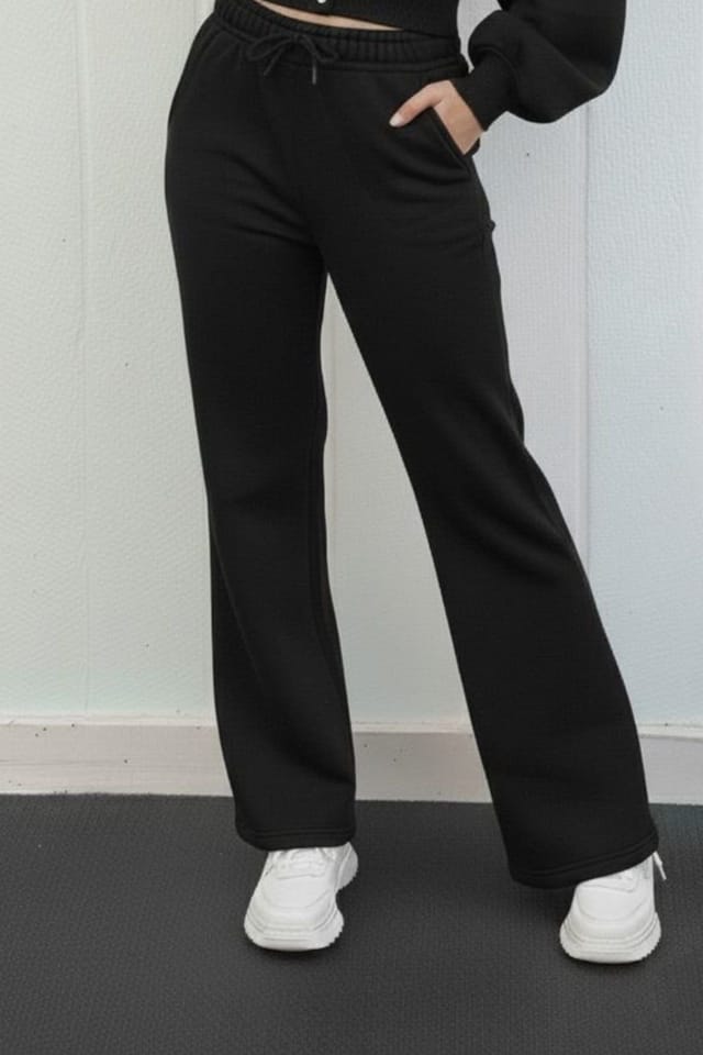STYLEWISE STYLEWISE Women's Button-Up Sweatshirt & Wide Leg Trouser - Two-Piece Tracksuit in Black - 3