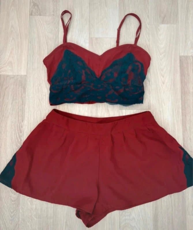 Topshop Topshop co-ord lace cami & shorts set burgundy satin Y2K lingerie style festival coquette UK 6