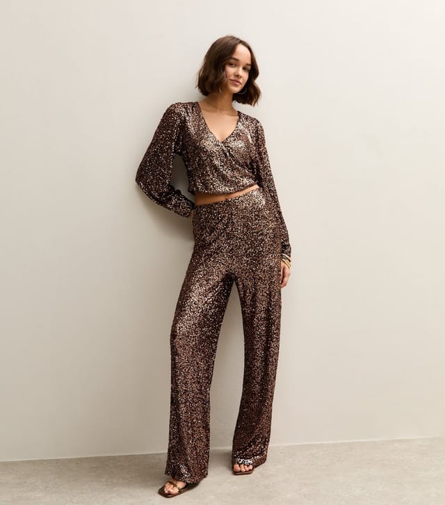 New Look Women's Mid Brown Sequinned Long Sleeve Top New Look - 3