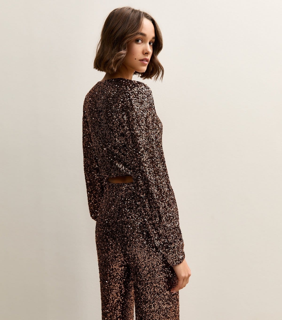 New Look Women's Mid Brown Sequinned Long Sleeve Top New Look - 4