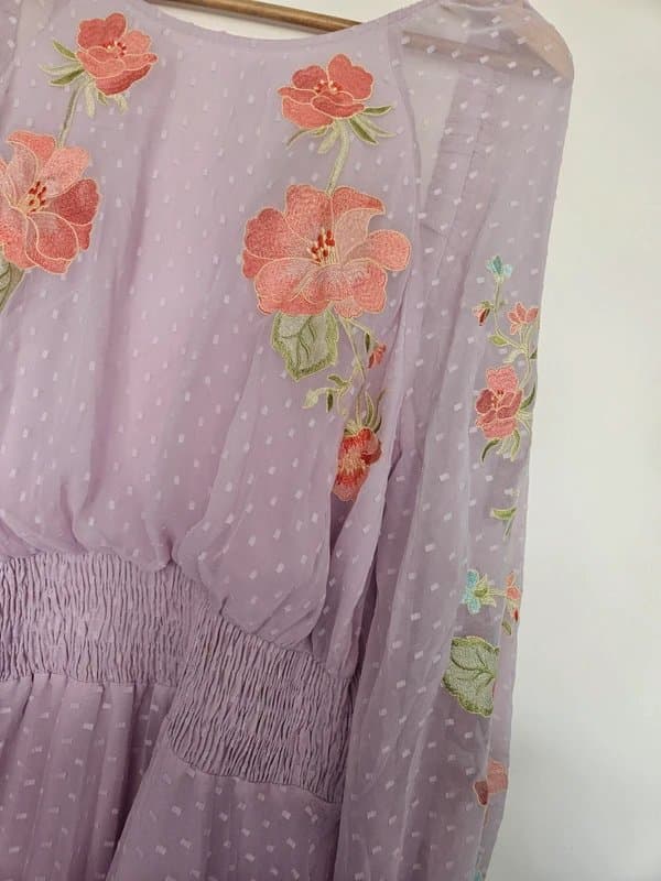 ASOS Design Asos lilac embroidered floral midi dress sheer sleeve pleated size 18