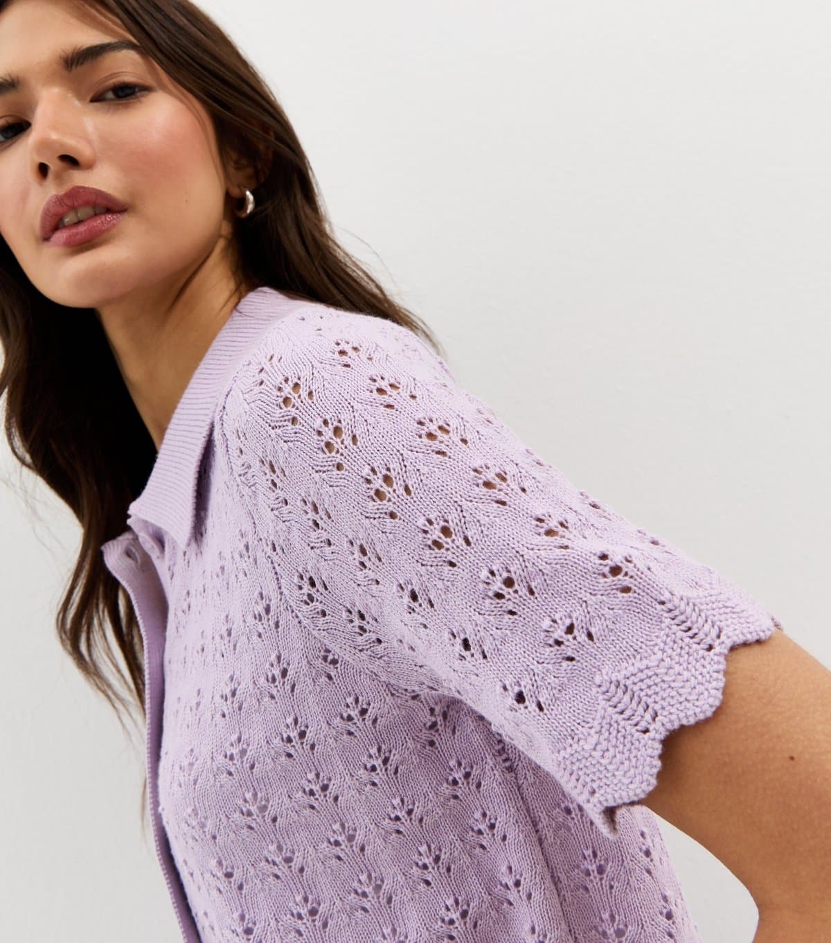 New Look Women's Lilac Cotton Rich Pointelle Button Up Short Sleeve Cardigan New Look