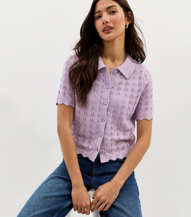 New Look Women's Lilac Cotton Rich Pointelle Button Up Short Sleeve Cardigan New Look - 2