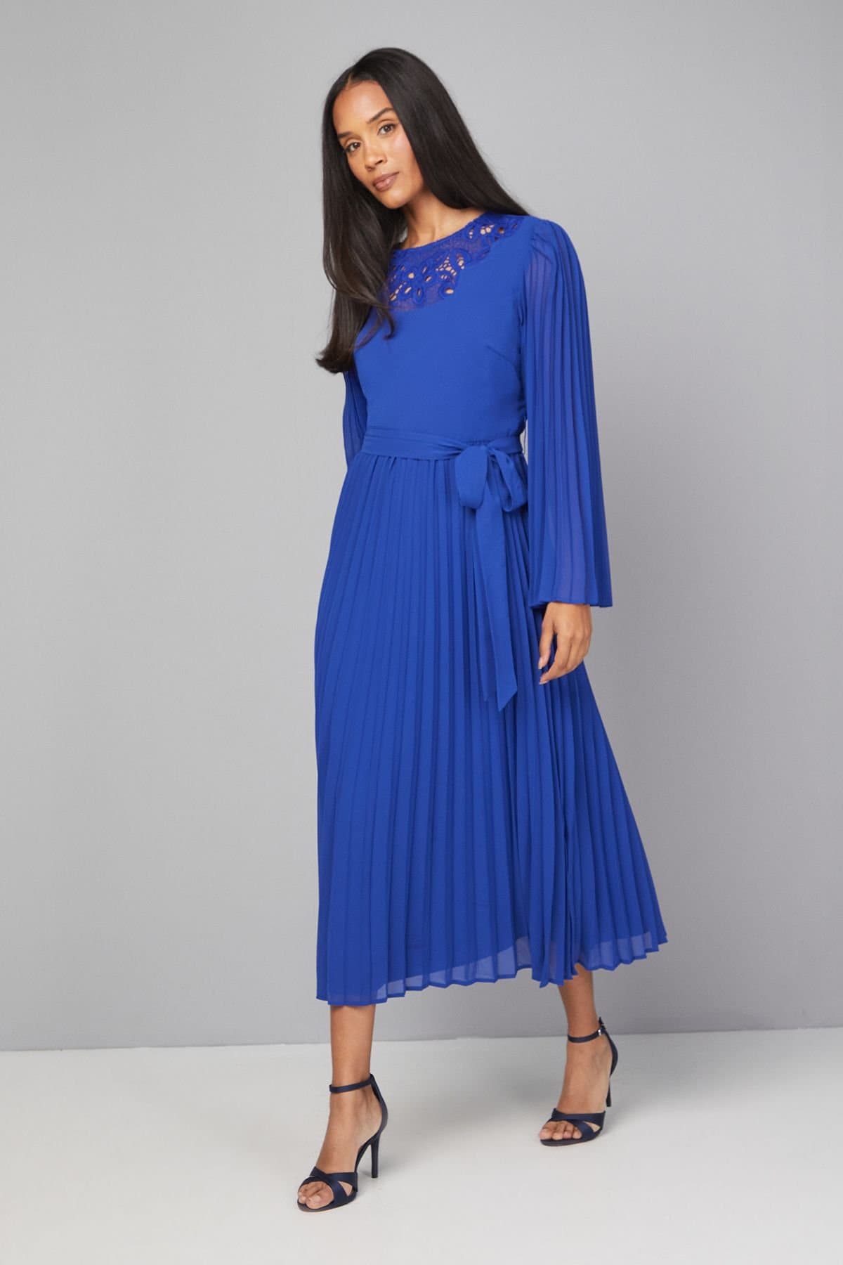 Wallis Wallis Women's Pleated Floral Trim Midi Dress in Cobalt