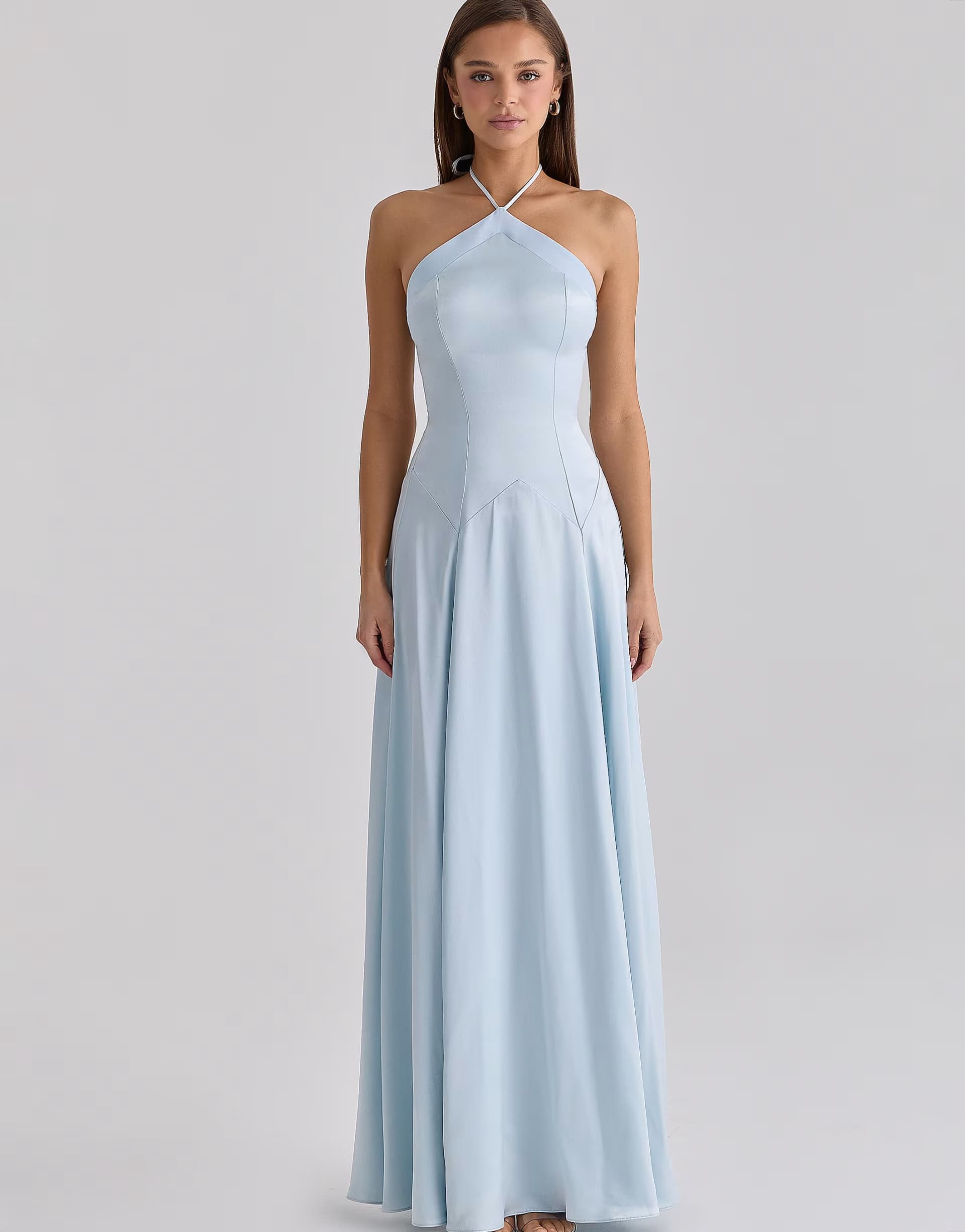 ASOS House of CB Avelina blue satin halter neck godet maxi dress in blue