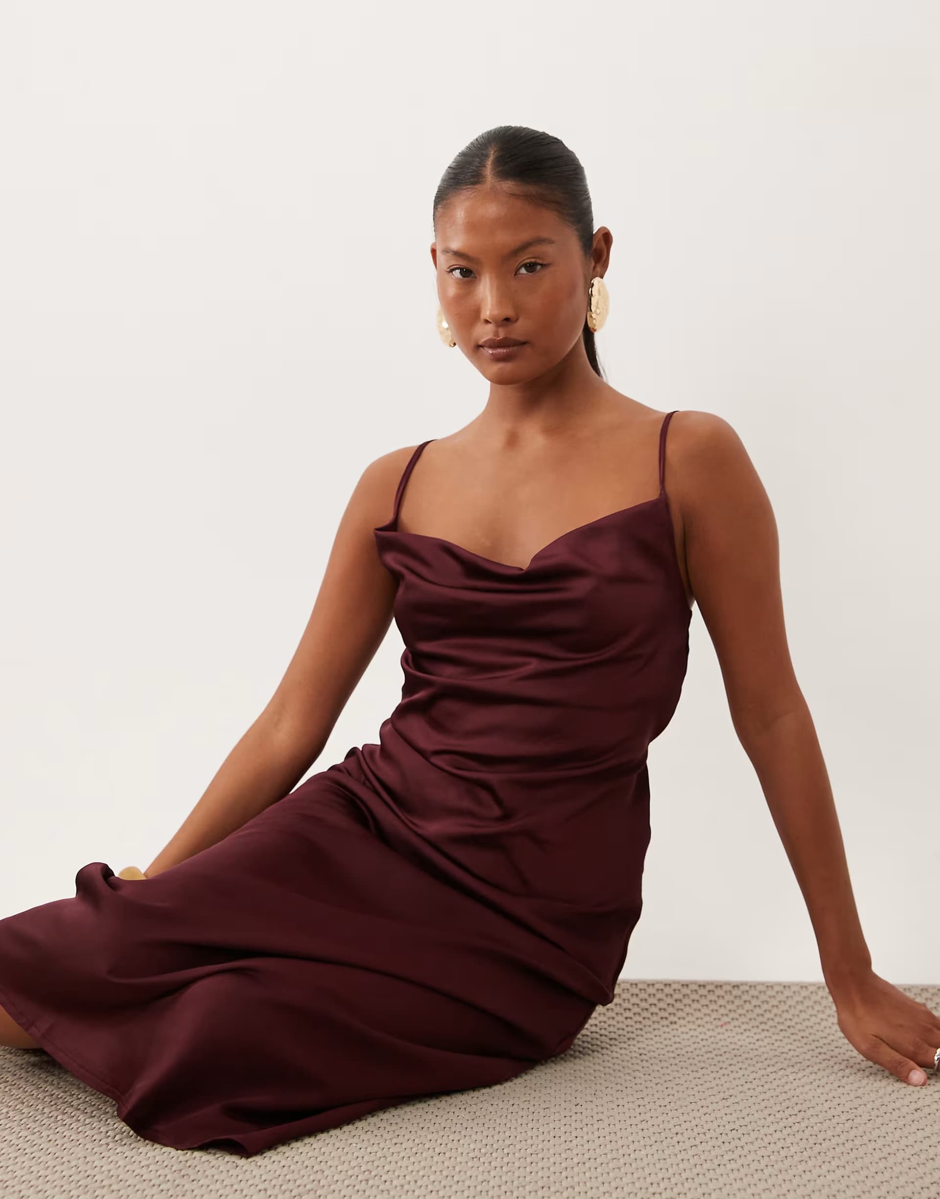 ASOS New Look Petite satin cowl neck midi dress in burgundy
