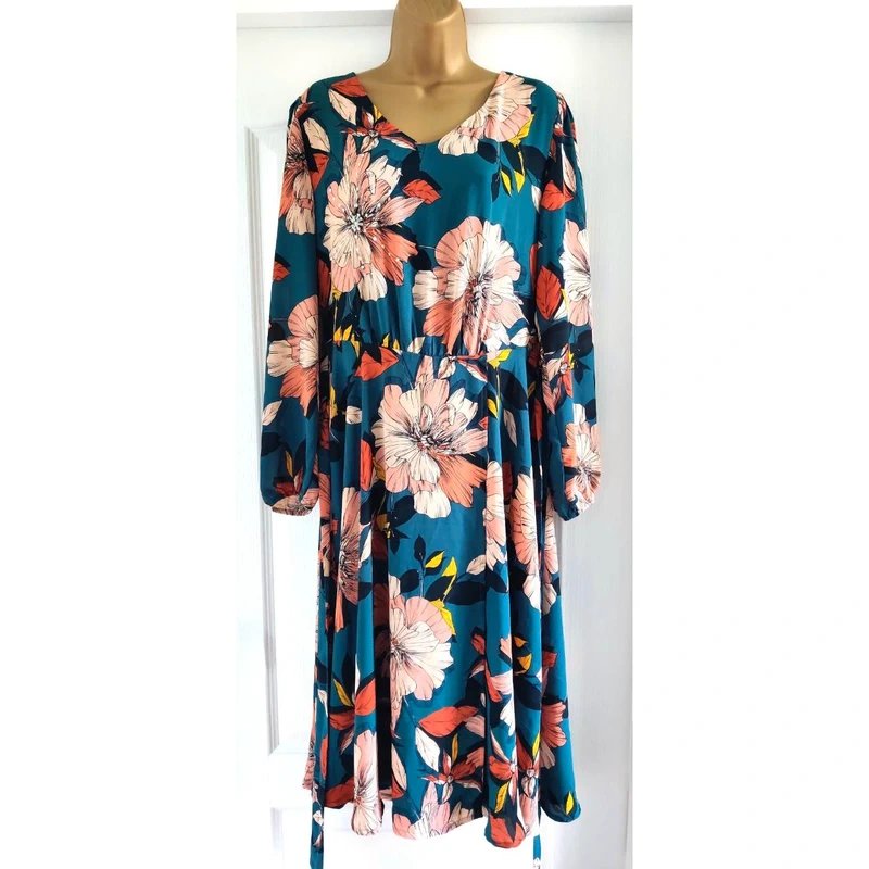 Joe Browns Joe Browns Teal Floral Chiffon Dress Long Sleeves Size 14 - 1