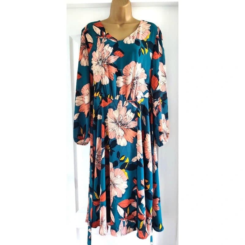 Joe Browns Joe Browns Teal Floral Chiffon Dress Long Sleeves Size 14