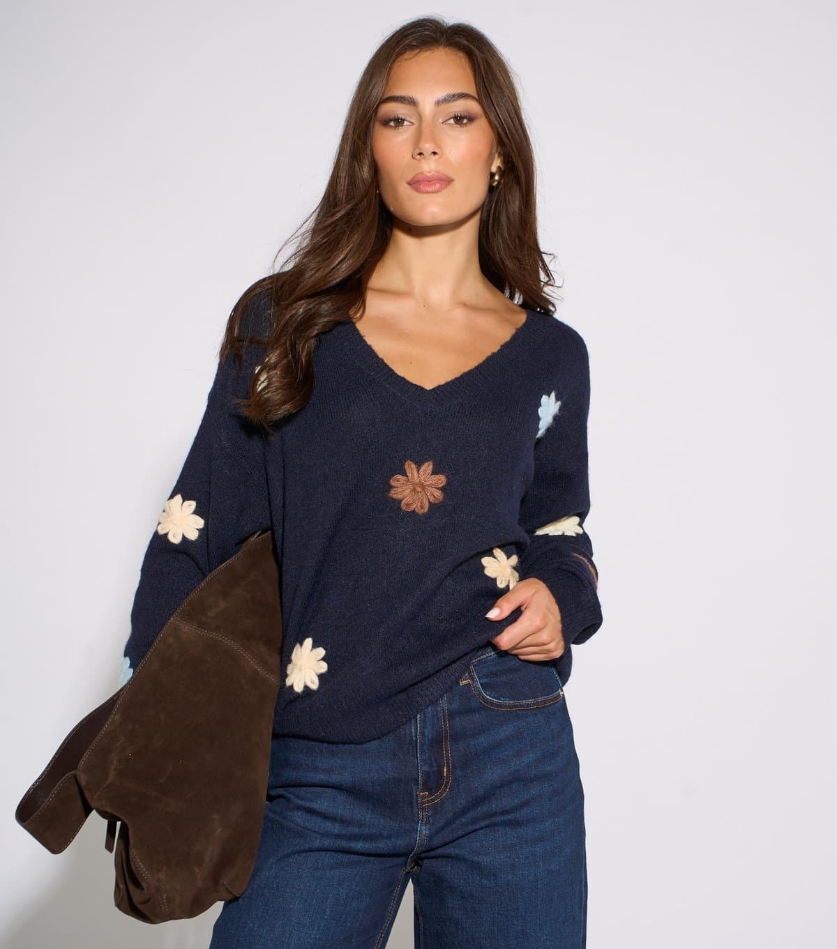 Gini London Women's Navy Crochet Flowers Knitted Jumper Gini London New Look